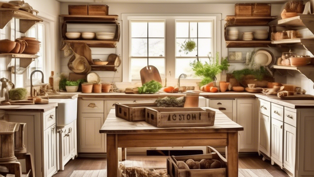 Create an image of a cozy farmhouse kitchen filled with charming rustic storage crates. The crates should be made of weathered wood and adorned with unique vintage accents, such as metal hardware or handwritten labels. The setting should exude warmth