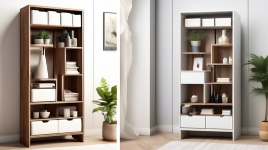 Create an image showing a compact and innovative storage solution for a small living space, such as a unique shelving unit that maximizes vertical space, hidden storage compartments integrated into furniture, or a clever organization system for a sma