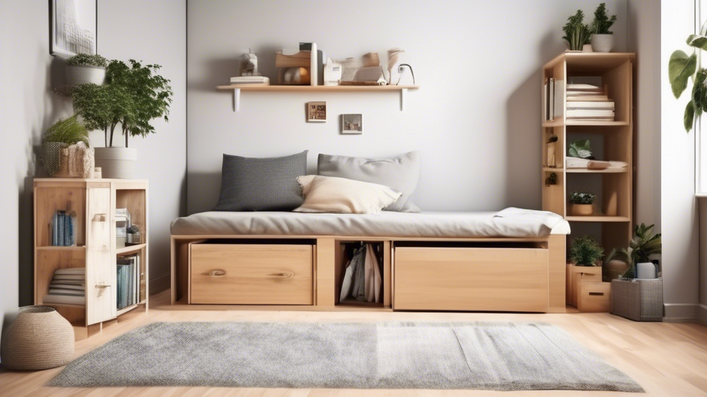 Create an image depicting a small apartment with three space-saving storage ideas implemented: a multi-functional furniture piece that doubles as storage, a wall-mounted shelving unit with clever organization solutions, and under-bed storage containe