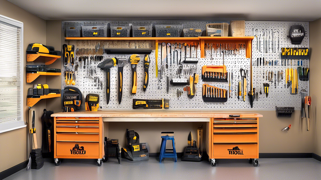 Create an image of a well-organized garage tool wall with labeled shelves for various tools like hammers, screwdrivers, wrenches, and power tools. Include clear storage bins for nails, screws, and small parts, and show a workbench area with a pegboar