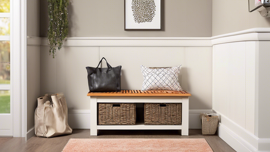 Create an image of a stylish entryway with a versatile storage bench that is both functional and aesthetic. The image should showcase the bench being used to store shoes, bags, and other items typically found in an entryway. The bench should seamless
