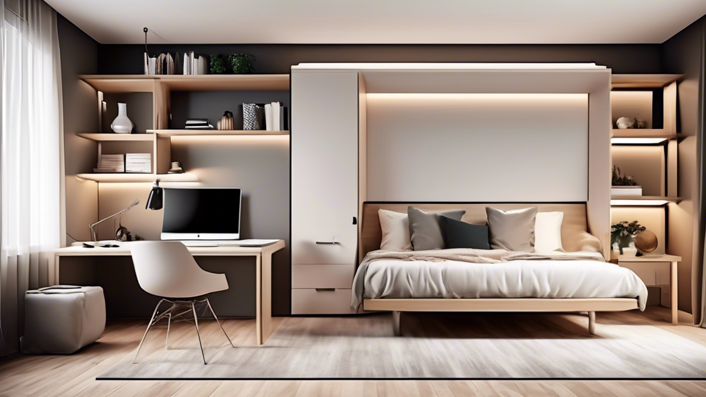 Create an image of a modern, sleek studio apartment with innovative space-saving solutions such as a wall bed, multifunctional furniture, and clever storage solutions to optimize the living space. The design should be stylish and functional, showcasi