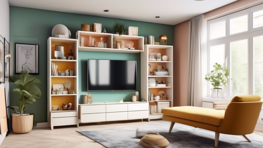 An image of a small room with creative and efficient storage solutions, such as built-in shelves, multi-functional furniture, and space-saving organizers. Show how small spaces can be optimized for functionality and aesthetics through clever storage 