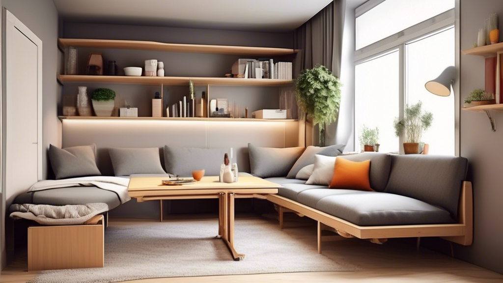 Create an image of a modern and stylish studio apartment featuring innovative space-saving furniture designs, such as a sofa that transforms into a bed, a coffee table with hidden storage compartments, and a dining table that folds up against the wal