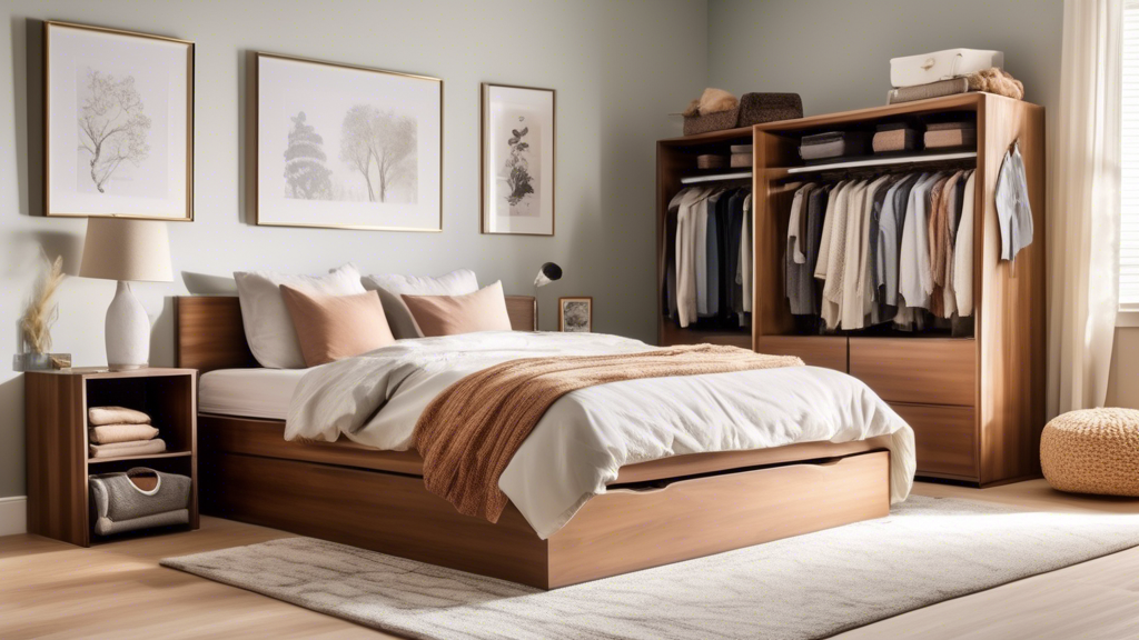 Create an image of a spacious and organized bedroom with a focus on under-bed storage solutions for seasonal clothing. Show different types of storage bins, containers, or drawers neatly tucked under the bed, holding various clothing items such as sw