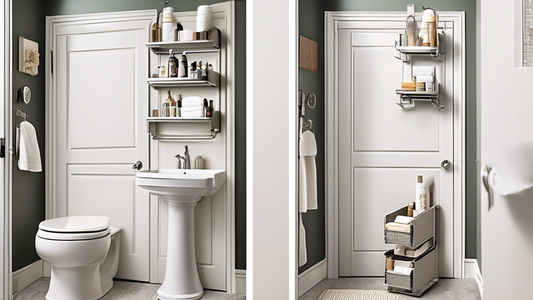 Create an image of a small bathroom with limited storage space, featuring over-the-door storage solutions such as hanging caddies, shelves, and hooks to maximize organization and convenience. The image should showcase a clean and tidy bathroom with v