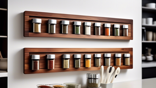 Create an image of a sleek and modern kitchen with a magnetic spice rack seamlessly integrated into the design. The spice rack should be cleverly designed, utilizing magnetic containers to hold each spice in place neatly and attractively. The spices 