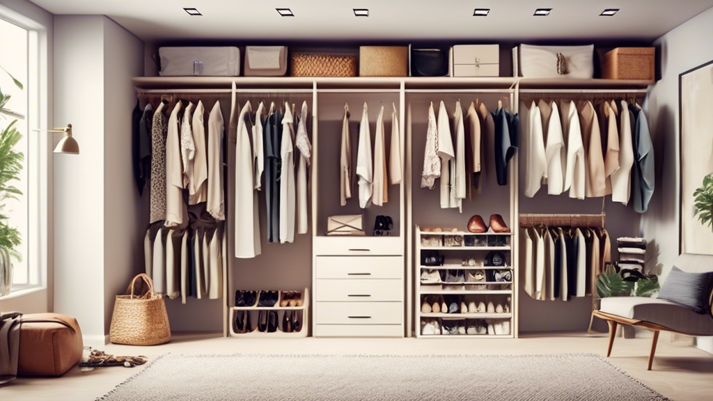 Create an image of a neatly organized closet with hanging closet organizers maximizing wardrobe space. Show various clothing items, shoes, and accessories sorted and displayed in the organizers, with everything looking clean and easily accessible. Th