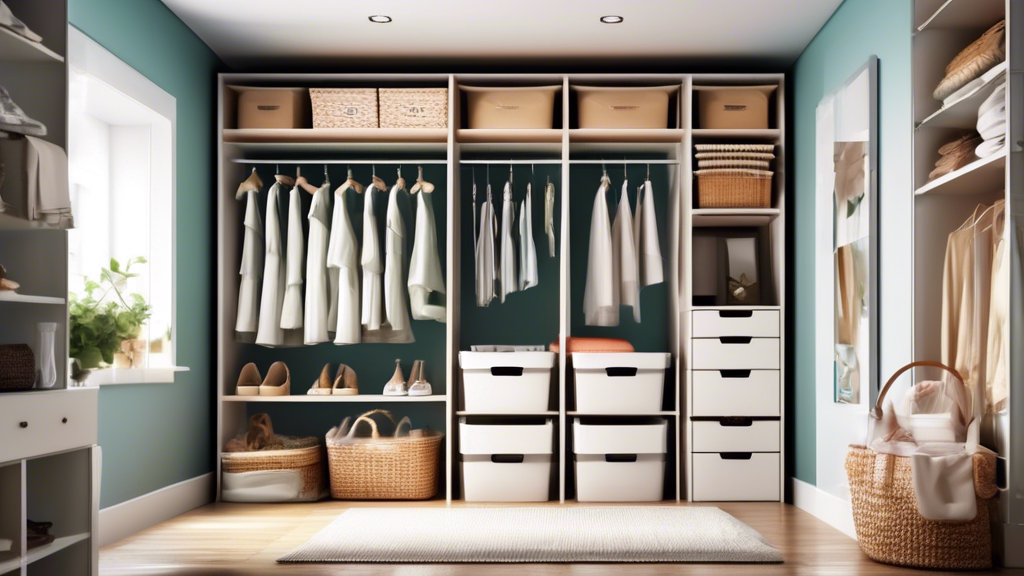 Create an image of a well-organized closet with various storage containers such as bins, baskets, and shelves to optimize space. The image should showcase a neat and efficient use of containers to maximize storage capacity and keep items organized.