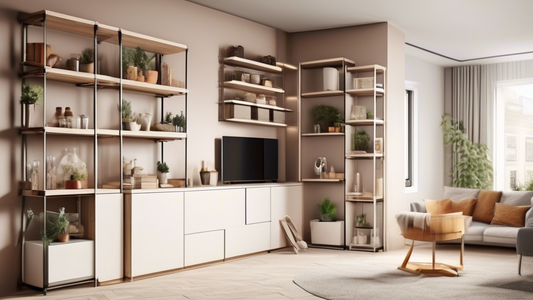 Create an image of a small apartment with limited space, featuring innovative space-saving shelving solutions such as hidden pull-out shelves, ladder shelves, corner shelves, and wall-mounted shelves. Show how these shelving solutions maximize storag