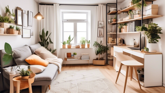 Show a cozy and efficiently organized studio apartment with custom shelving, multifunctional furniture pieces, clever storage solutions, and small space-saving hacks that maximize the living area. This image should inspire viewers on how to make the 