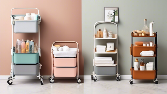Create an image of a modern and stylish interior setting showcasing how rolling storage carts can maximize home organization. The image should feature a variety of rolling storage carts in different sizes and colors, neatly placed in various rooms su