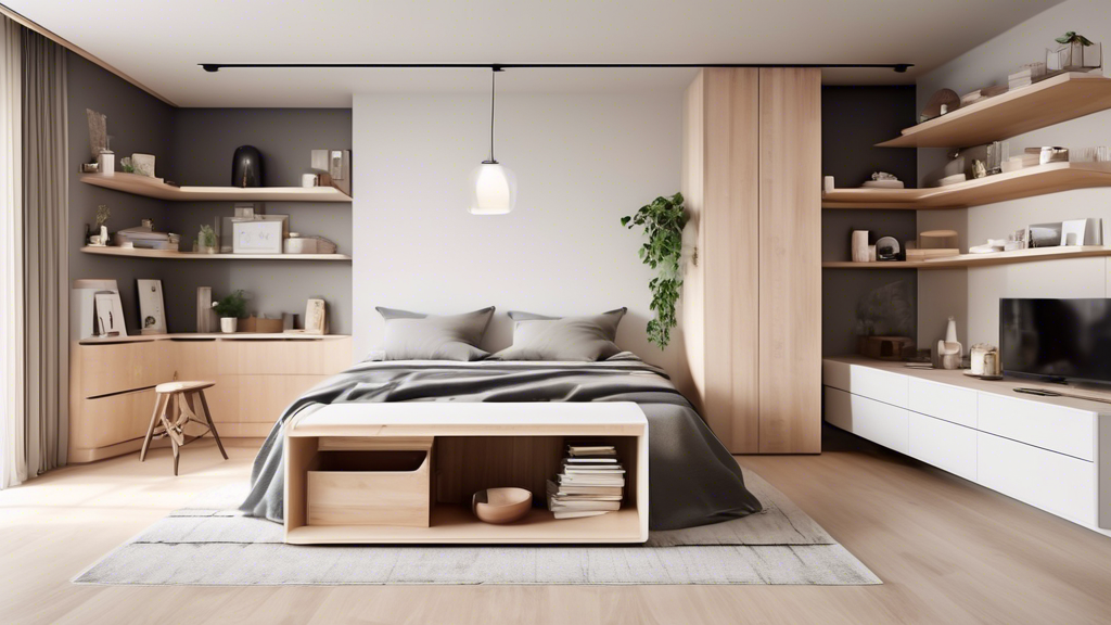 Create an image of a small, minimalist apartment featuring clever hidden storage solutions, such as a bed with drawers underneath, a dining table that doubles as a storage unit, and a sleek wall-mounted shelving system that blends seamlessly into the