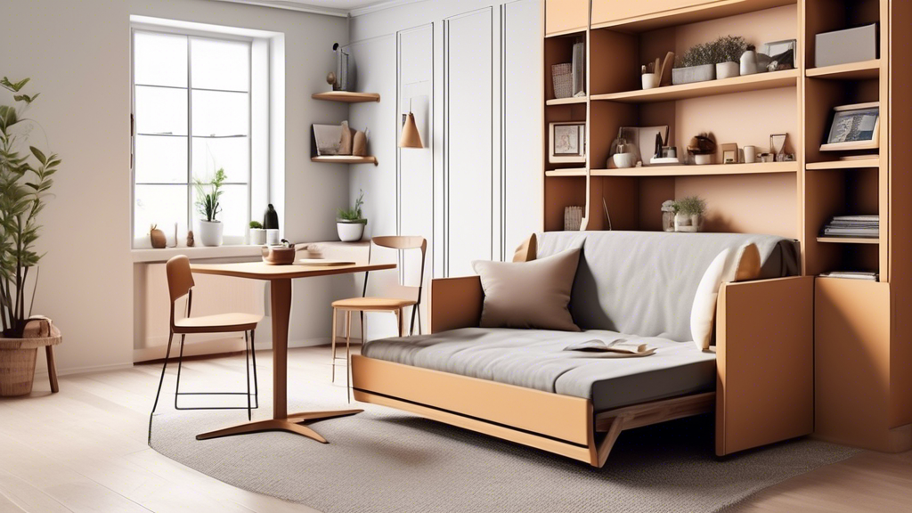 I would like to see an image of a small studio apartment with cleverly designed space-saving furniture such as a fold-out sofa bed, a wall-mounted desk, a sliding bookshelf, and hidden storage compartments. The image should showcase how these space-s