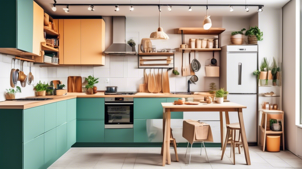 Create an image of a small kitchen with clever space-saving solutions such as foldable tables, hanging storage racks, and stackable appliances to showcase efficient organization and maximization of space.