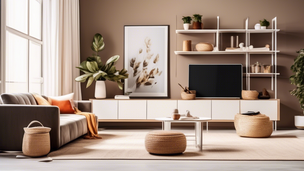 Create an image of a stylish and modern living room with sleek and trendy organizational products, such as minimalist shelves, chic storage baskets, and stylish bins, all neatly arranged and showcasing a beautiful sense of order and functionality.
