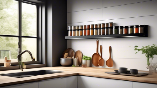 Create an image of a modern kitchen with a sleek and innovative magnetic spice rack solution. The design should be visually appealing and showcase how the magnetic spice rack helps keep the kitchen tidy and organized. Include a variety of spices neat