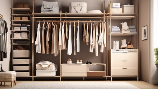 Create an image of a neatly organized hanging closet with various hanging closet organizers such as shelves, drawers, and compartments, filled with different types of clothing and accessories. The closet should look tidy and efficiently arranged to s
