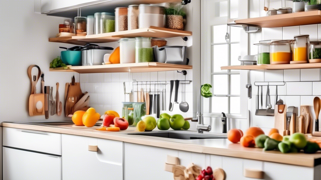 Create an image showing a beautifully organized, efficient smart kitchen filled with innovative and practical organization hacks. Showcase various kitchen gadgets, smart storage solutions, and clever organization systems that make cooking and meal pr