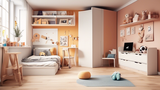 Create an image depicting a small children's room with innovative smart storage solutions such as foldable furniture, under-bed storage, wall-mounted shelves, and multi-functional furniture pieces to maximize space and keep the room organized and clu