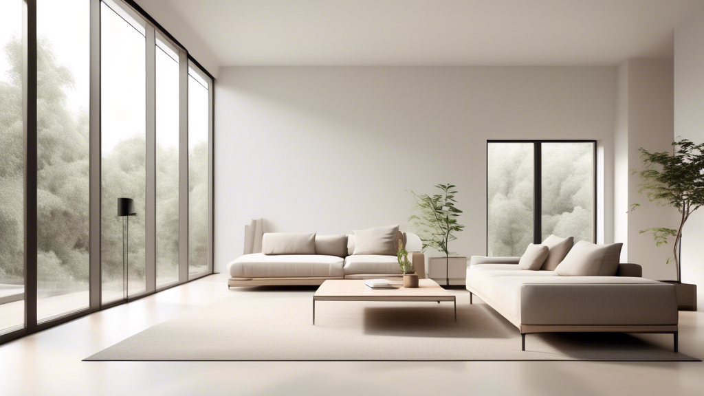 Generate an image of a minimalist living room with high ceilings, large windows letting in plenty of natural light, and open spaces with minimal furniture to convey a sense of spaciousness and tranquility. The room should have neutral tones and clean