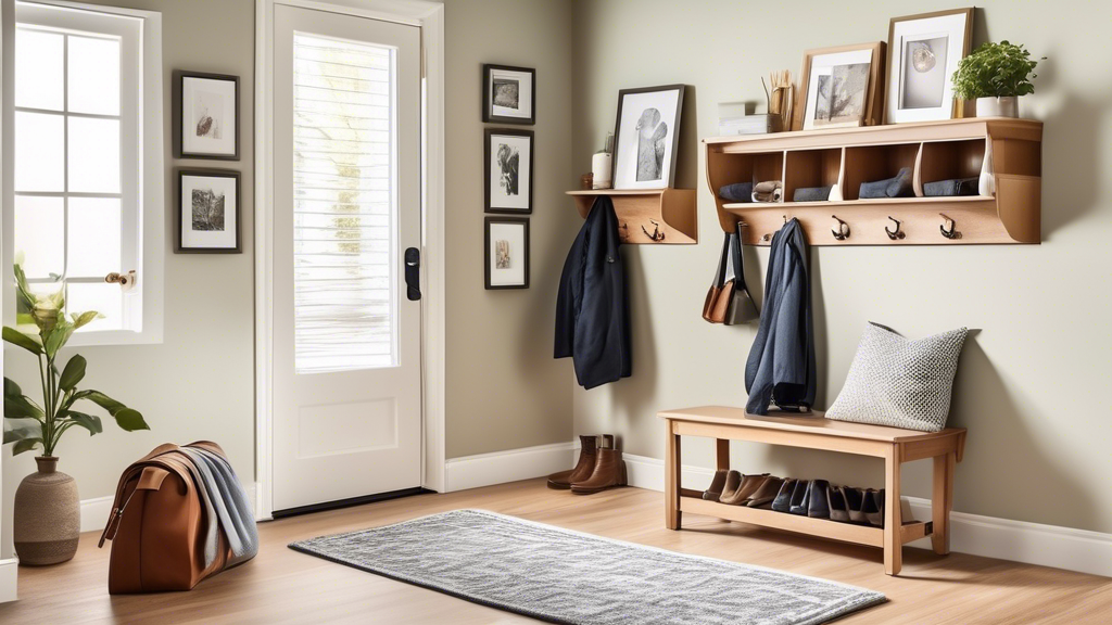Create an image of a small entryway with smart organization solutions, including a wall-mounted key holder, floating shelves for storage, a bench with hidden compartments, and hooks for bags and coats. Show how these organizational tools help maximiz