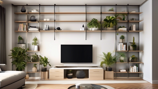 Create an image of a modern living room with sleek and stylish custom shelving solutions integrated throughout the space. The shelving should showcase a variety of organization options such as drawers, compartments, and display areas for plants, book