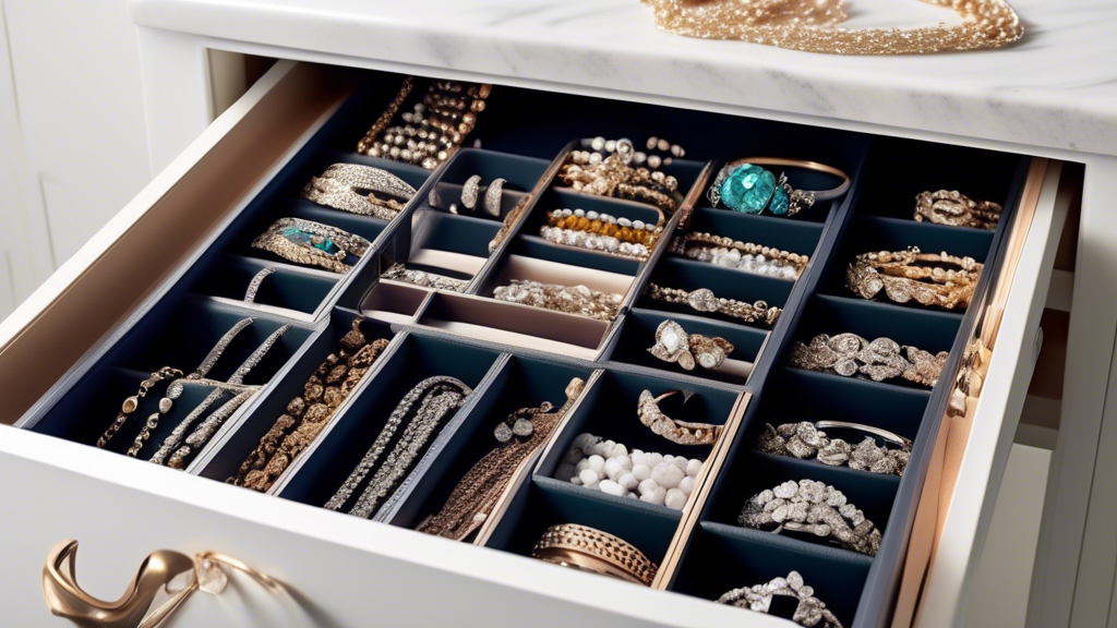 Create an image of a beautifully organized jewelry drawer, featuring sleek and compact organizers that maximize space and make it easy to store and access different pieces of jewelry. The image should showcase various compartments, trays, and holders