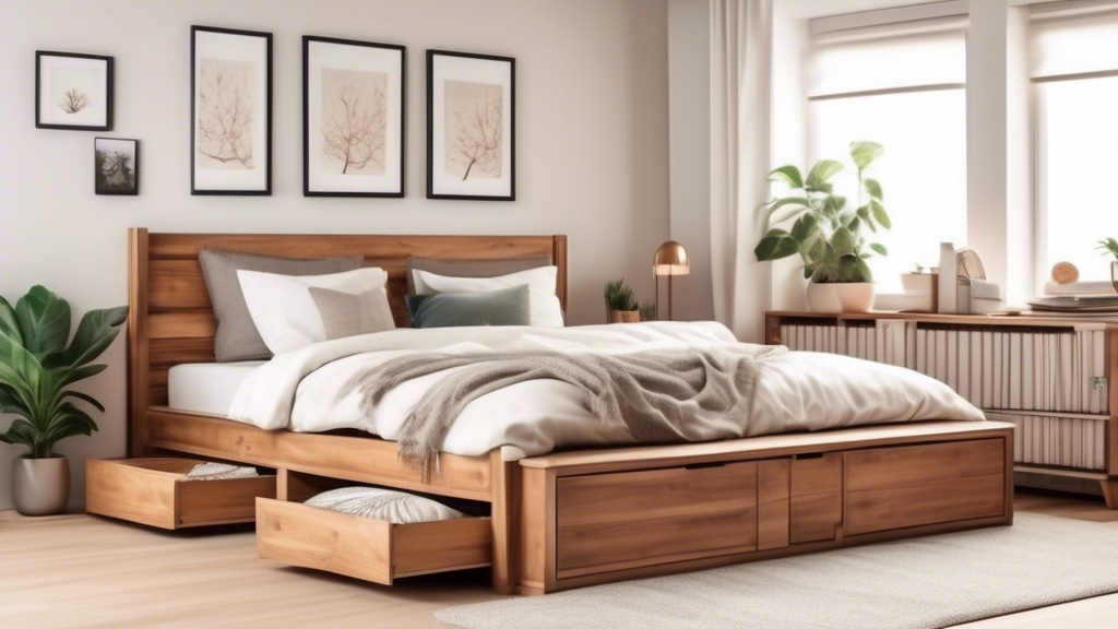 Create an image of a cozy bedroom with a neatly organized under-bed storage solution for clothing. Show drawers, bins, or other creative storage options that blend seamlessly with the bed frame, optimizing space and keeping the room clutter-free.