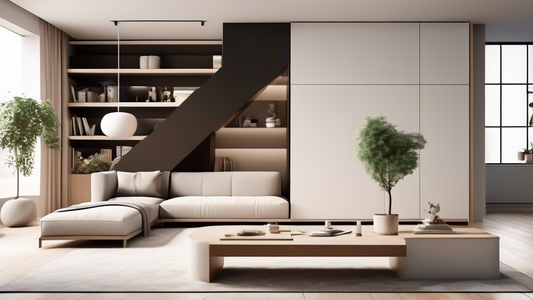 Create an image of a modern minimalist living room with hidden storage solutions, such as discreetly hidden drawers under the stairs, a sleek storage bench with lift-top compartments, and a stylish coffee table with built-in hidden storage. The room 