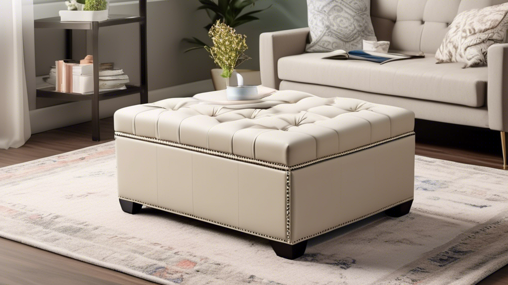 Create an image of a beautifully decorated living room with a variety of stylish storage ottomans, showcasing the top 10 options for organizing and decluttering the space. Each ottoman is uniquely designed and placed strategically around the room to 