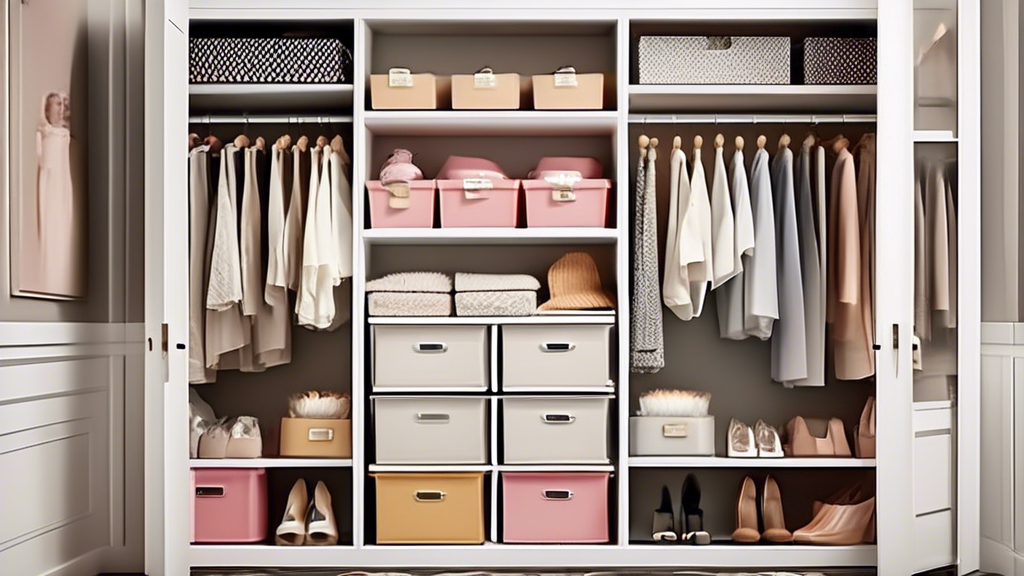 Create an image of a neatly organized closet with stackable storage bins of various sizes and colors, maximizing the use of space. The bins should be labeled and arranged in a way that showcases how efficient and stylish they can be in optimizing clo