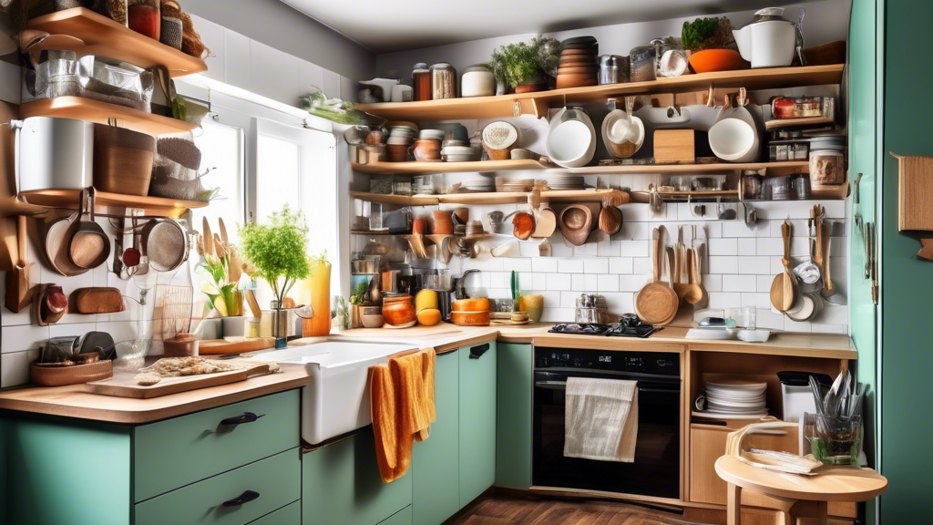 Create an image of a small, cluttered kitchen transformed into a perfectly organized space utilizing clever storage solutions and efficient use of space, highlighting the importance of tiny kitchen organization.