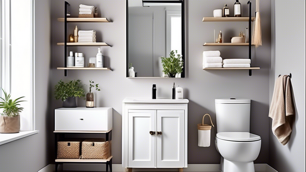 Please create an image of a small bathroom with three innovative space-saving storage solutions implemented. Show a floating shelf above the toilet for toiletries, a recessed medicine cabinet with mirror, and a ladder shelf for towels and other bathr