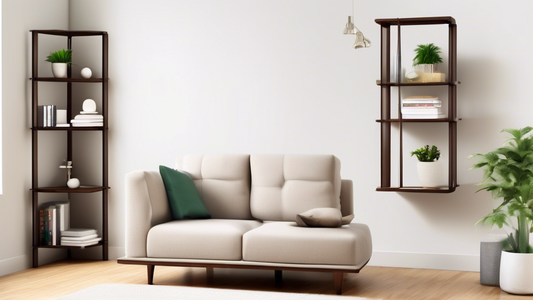 Create an image of a room with limited space, featuring cleverly designed corner shelving units that maximize storage and organization. The shelving units should be stylish, functional, and seamlessly integrated into the room's decor to illustrate th