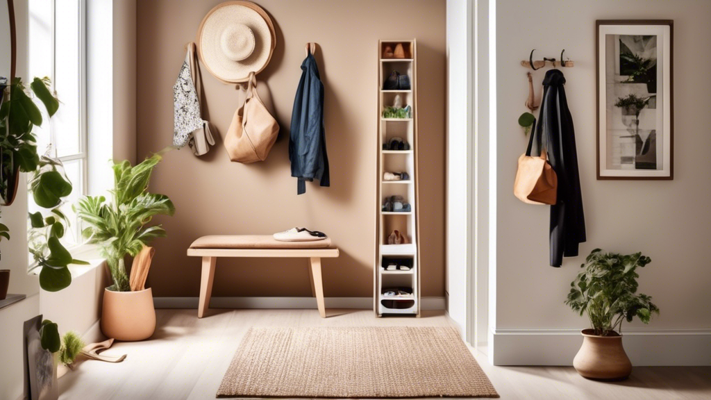 Create an image of a compact entryway with clever organization solutions for small spaces. Show a functional and stylish setup with features like a wall-mounted coat rack, shoe storage, a small bench with built-in storage, a mirror, and hooks for key