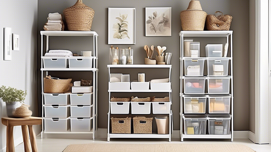 Create an image of a beautifully organized and clutter-free home, showcasing 10 creative organization tips in action. Each tip should be visually represented in a different area of the home, such as labeled storage bins, a stylish command center, a t
