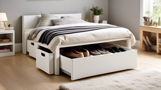 Create an image of a neat and organized bedroom with a variety of under bed storage containers, showcasing the importance and practicality of this storage solution. The containers should be of different sizes, colors, and designs, effectively utilizi