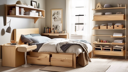 Produce an image showcasing five different storage solutions for small bedrooms, including clever and space-saving ideas such as under-bed storage, wall-mounted shelves, hanging organizers, drawer organizers, and multi-functional furniture like a bed