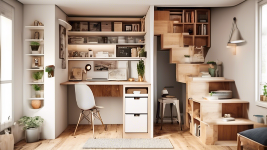 Create an image of a tiny home with innovative storage solutions that maximize space usage. Show clever and unique storage ideas such as hidden drawers under stairs, wall-mounted shelves with built-in compartments, multipurpose furniture with hidden 