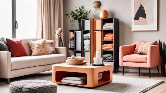 Create an image of a modern, chic living room featuring stylish storage bins neatly organizing various items such as blankets, books, and magazines. Show how the storage bins enhance the room's decor while keeping clutter at bay.