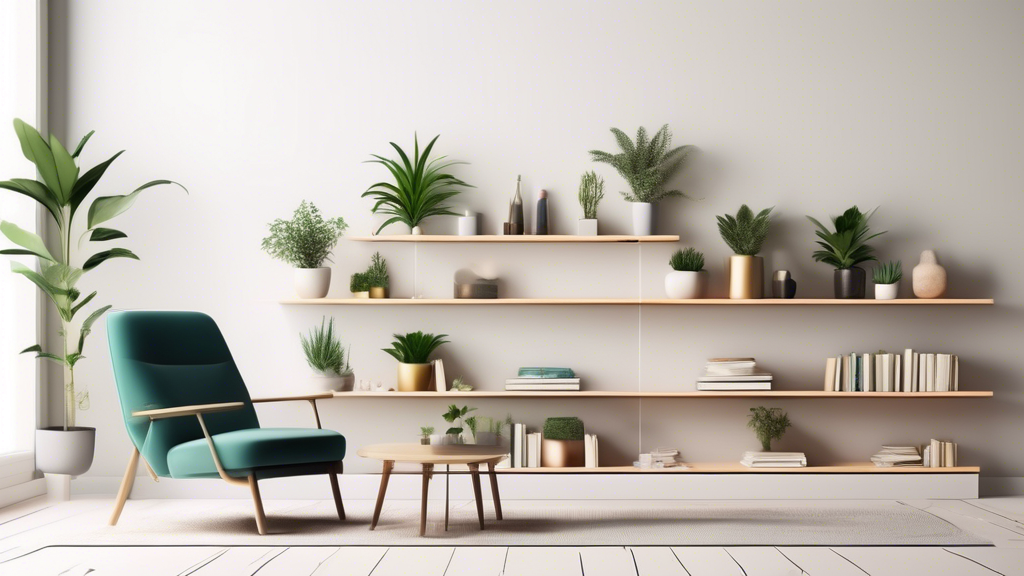 Create an image of a modern living room with sleek, minimalist floating shelves showcasing books, plants, and decorative items. The shelves should be easy to assemble and install, adding both style and functionality to the space.