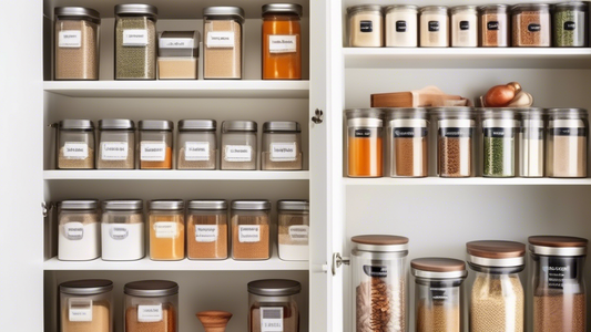 Create an image of a neatly organized kitchen pantry with labeled containers, shelves with adjustable dividers, transparent storage bins, and a rotating spice rack. Each shelf should showcase a different tip or trick for effective pantry organization
