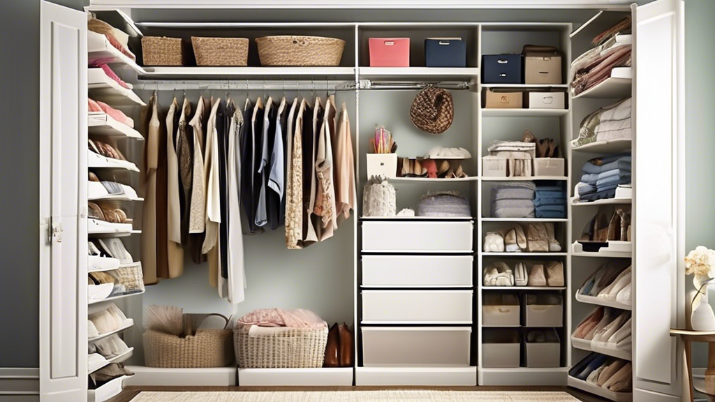 Create an image of a well-organized closet with various top storage containers in use, showcasing how they maximize space and keep items neat and tidy. Include a variety of containers such as stackable bins, hanging organizers, and shelf dividers, al