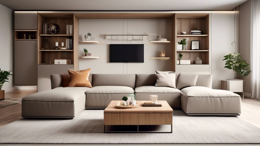 An image of a stylish living room with furniture that has hidden storage compartments, such as a coffee table with drawers, a sofa with under-seat storage, and a TV stand with concealed shelves. The room should look organized and clutter-free, showca