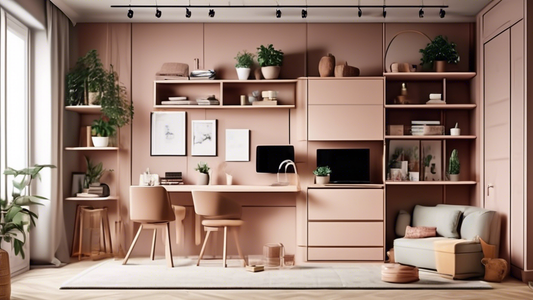 Create an image of a stylish and clutter-free studio apartment with clever storage solutions such as hidden compartments, multi-functional furniture, and vertical shelving units to maximize space and keep everything organized and within reach. The de