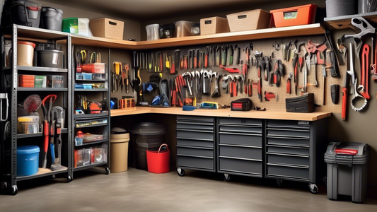 Create an image of a cluttered garage space transformed into a well-organized and efficient storage area, showcasing custom storage systems such as cabinets, shelving units, tool racks, and overhead storage solutions. Display different sections dedic