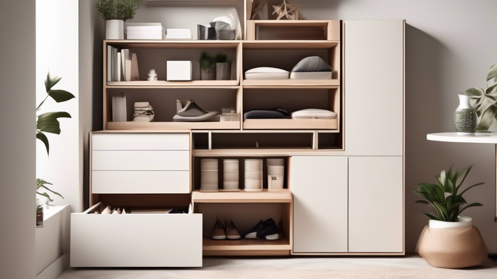 Create an image of a modern, sleek storage solution for a small space, featuring innovative design elements such as hidden compartments, collapsible compartments, and multi-functional features to maximize organization and efficiency. The image should