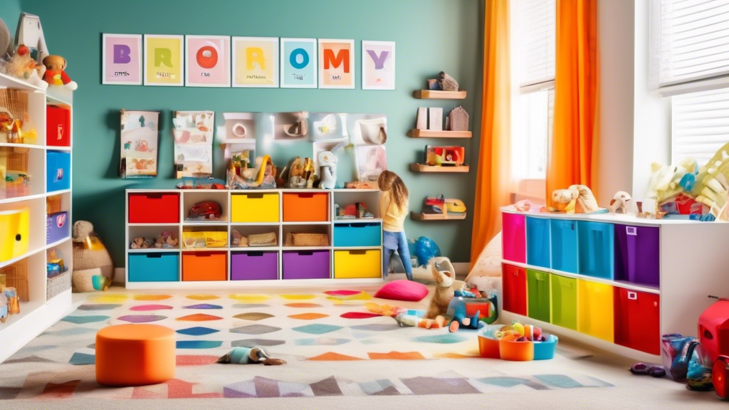 Create an image of a colorful and organized kids' playroom, showcasing various smart storage solutions such as labeled bins, shelving units, and toy organizers. The room should appear clean, clutter-free, and inviting, with toys neatly arranged and e