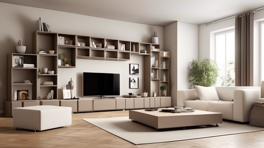 Please generate an image of a modern and stylish living room featuring modular storage cubes that can be customized and arranged in various configurations to optimize organization and storage space. The storage cubes should be sleek and versatile, en